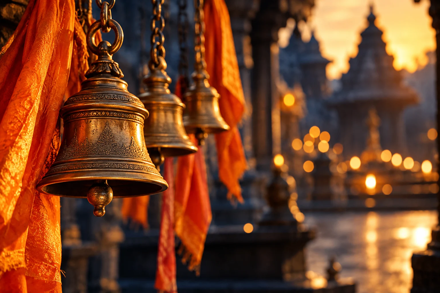 Symbolic devotional artwork of brass temple bells and saffron cloth